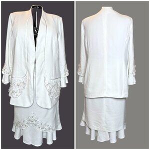Harmony New York Elegant White 2-Piece Suit  Jacket & Skirt with Embroidered Det